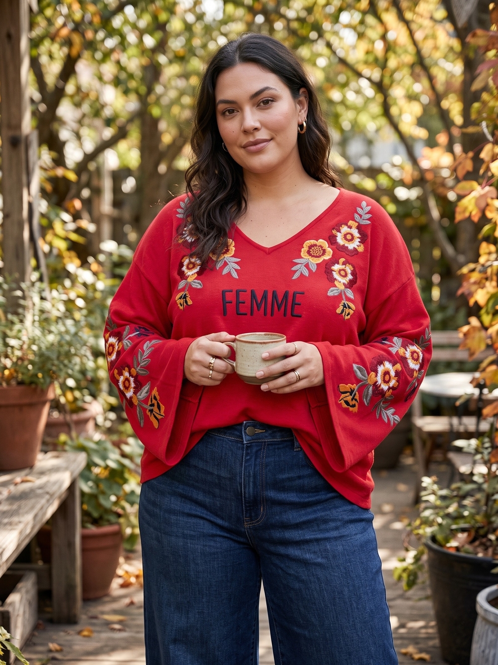 INC Red Femme Floral Embroidered Bell Sleeve Boho Cottagecore Statement Top